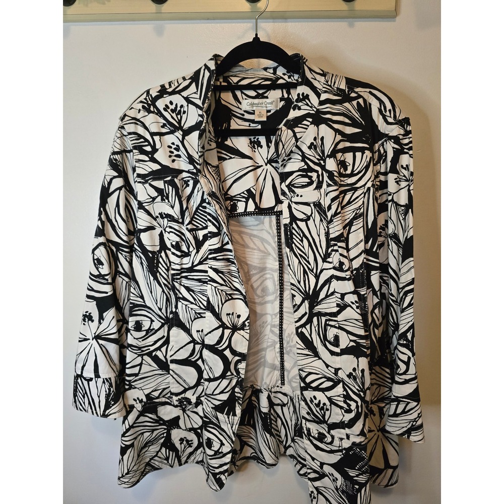 Coldwater Creek Black White Floral Open Front Jacket XL 3/4 Sleeve Cotton Blend